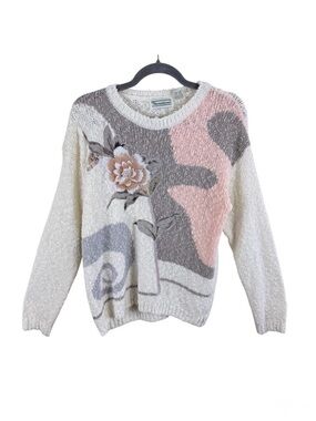 Shenanigans Vintage Floral Applique Beaded‎ Chunky Knit Sweater Size M